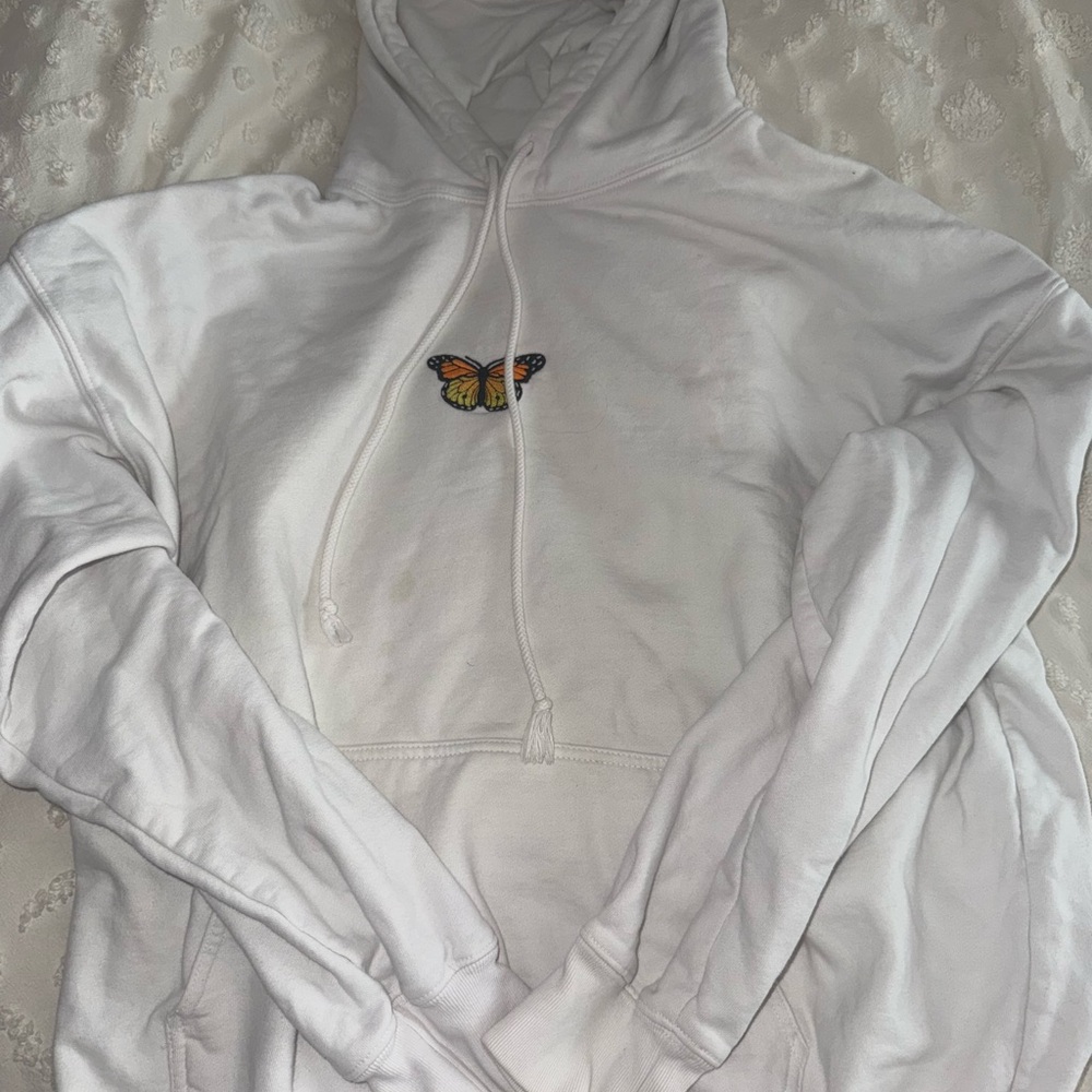 White Brandy Melville Hoodie with Butterfly Embroidery
